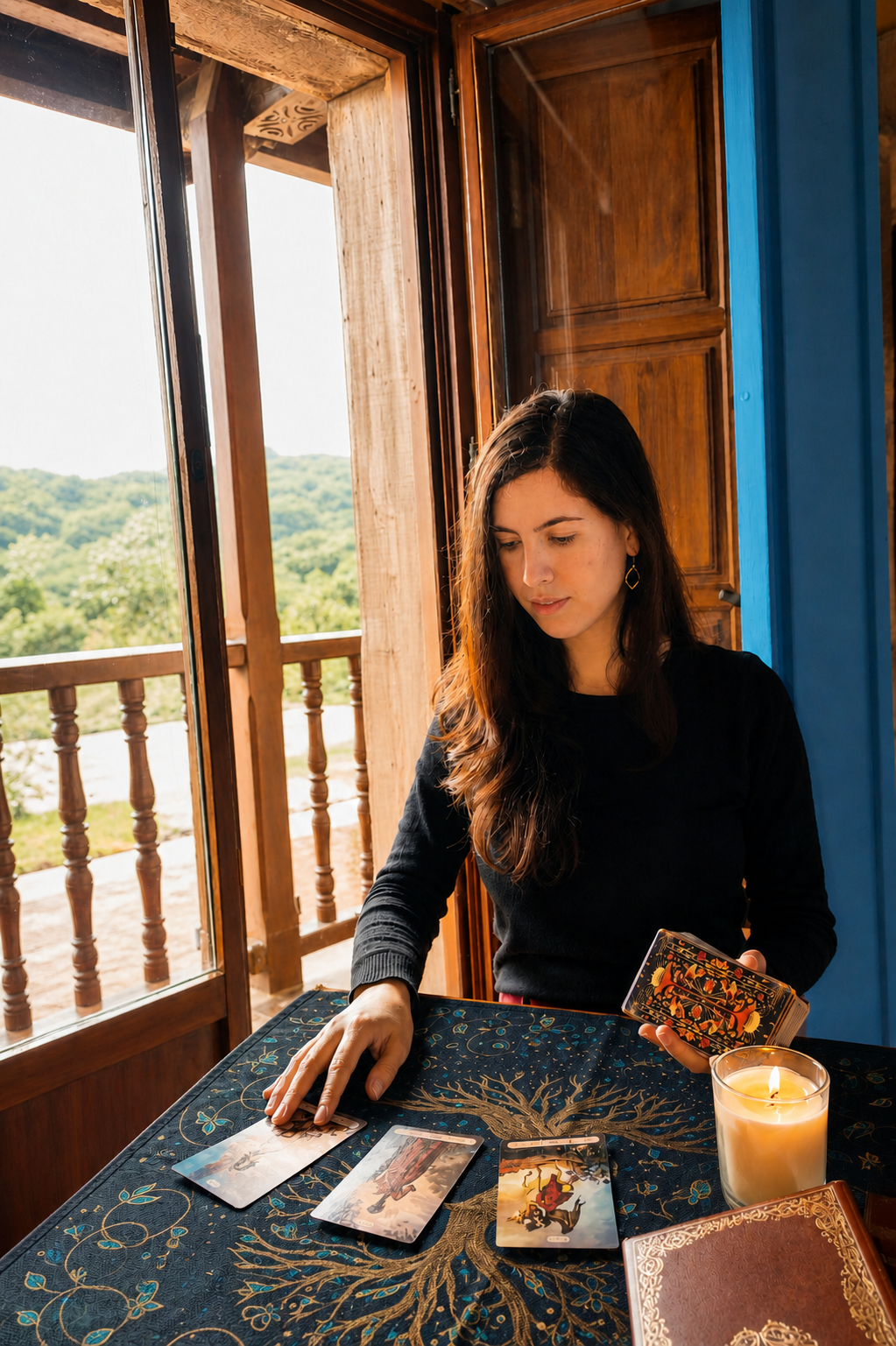 Viviana sentada con cartas de tarot y una vela